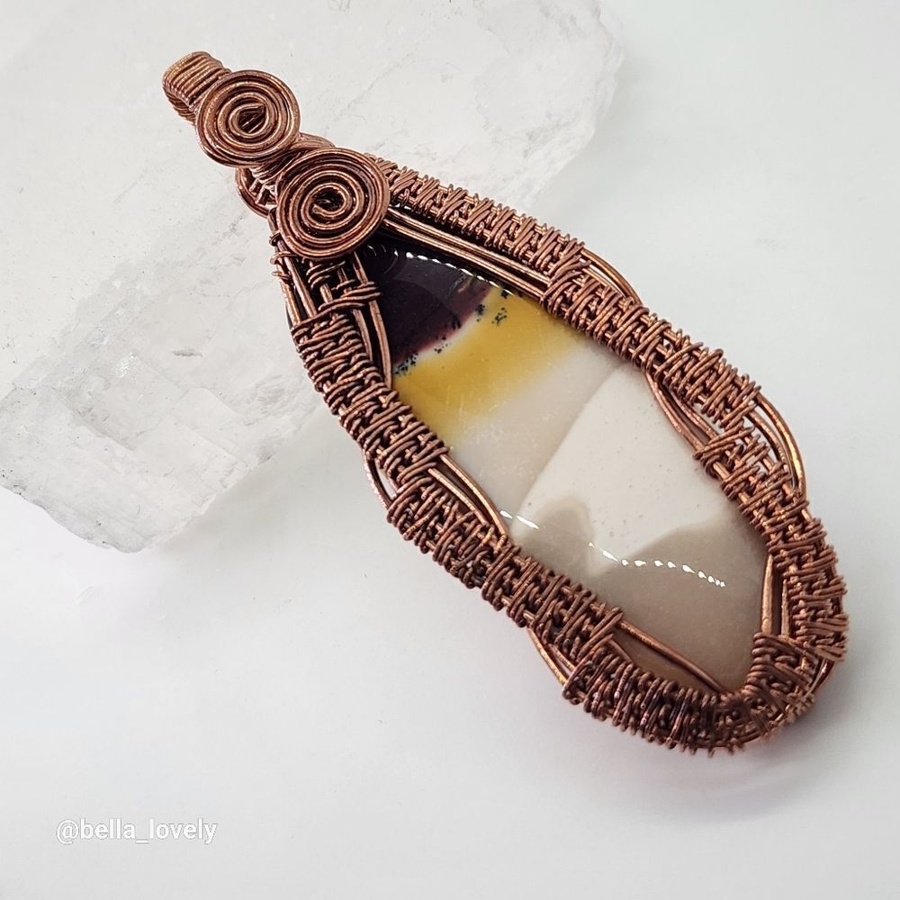 Sunset Mookaite Jasper Ethnic Handmade Copper Wire Wrapped Pendant Jewelry 3"